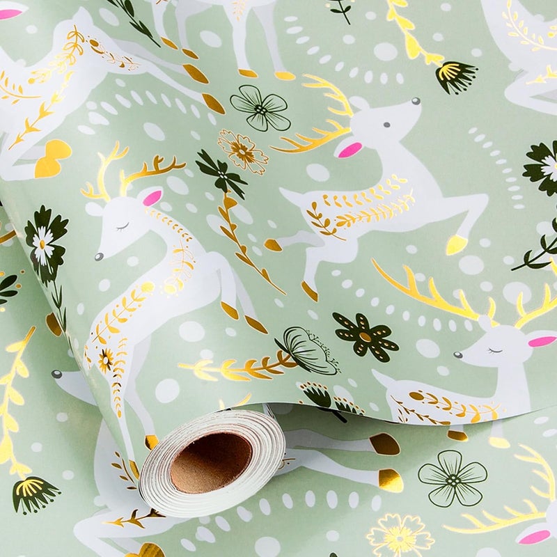 Retrify Light Green Wrapping Paper Roll - Metallic Gold Foil Lovely Happy Reindeer Mini Roll Gift Wrap Paper for Christmas Holiday Festive Decoration - 17 Inches x 32.8 Feet - Image 1